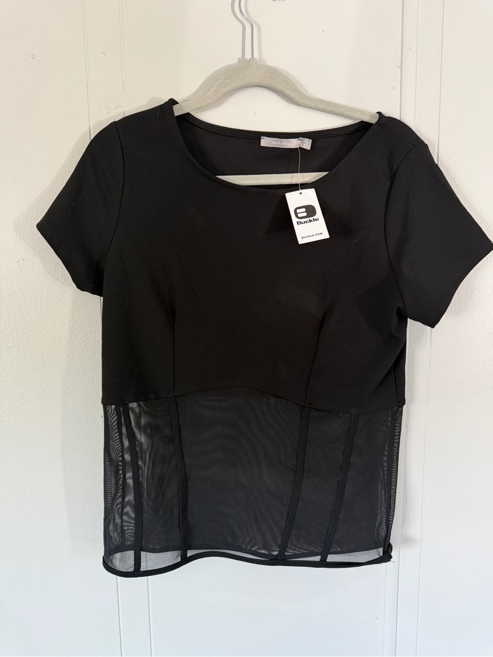 Buckle Black Short Sleeve Top with Sheer Mesh Panel